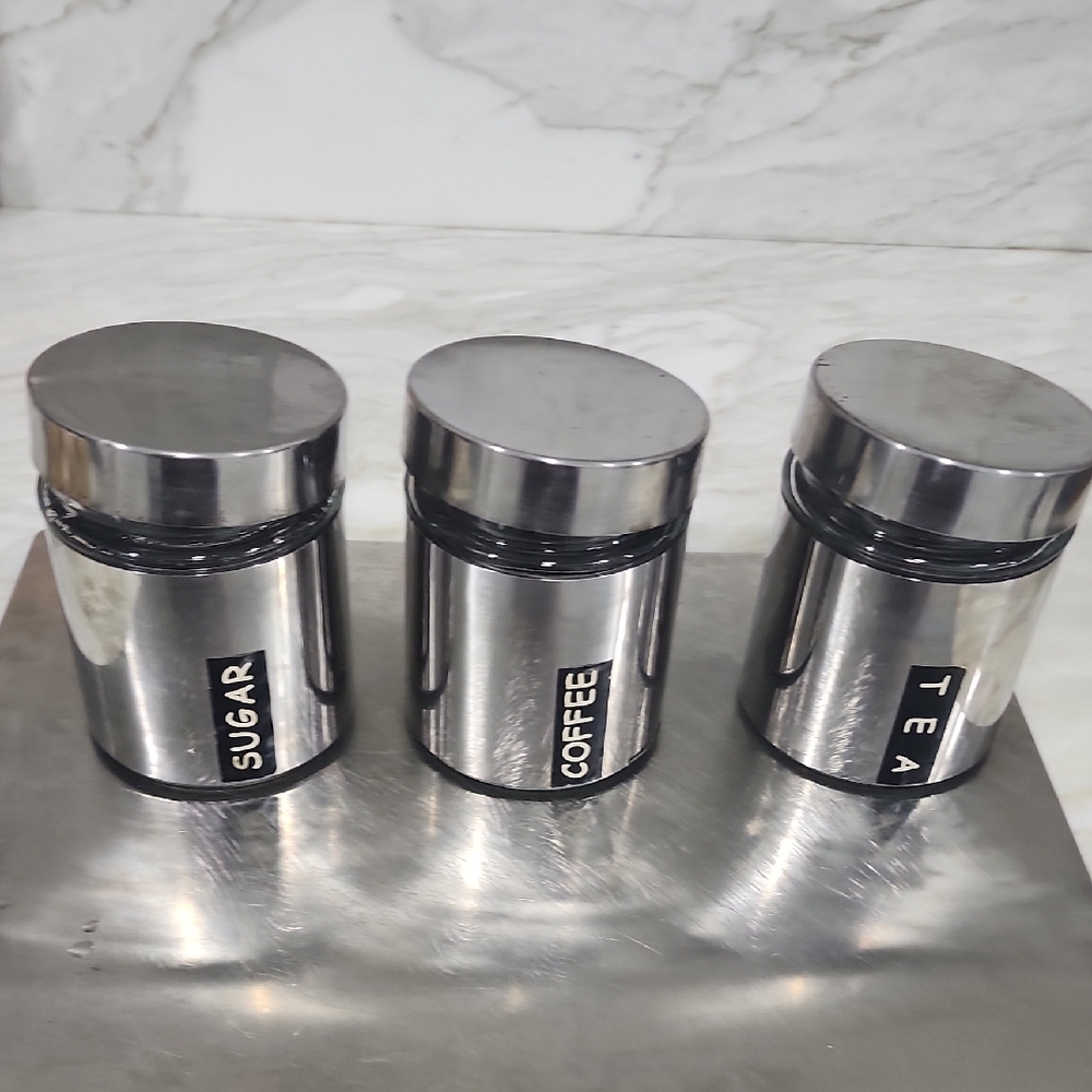 3 glass canisters 20oz Each with stainless steel lids for Coffee, Tea, Sugar